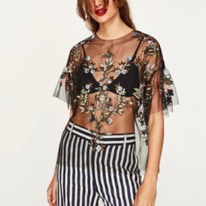 Zara Embroidered Black Mesh Blouse